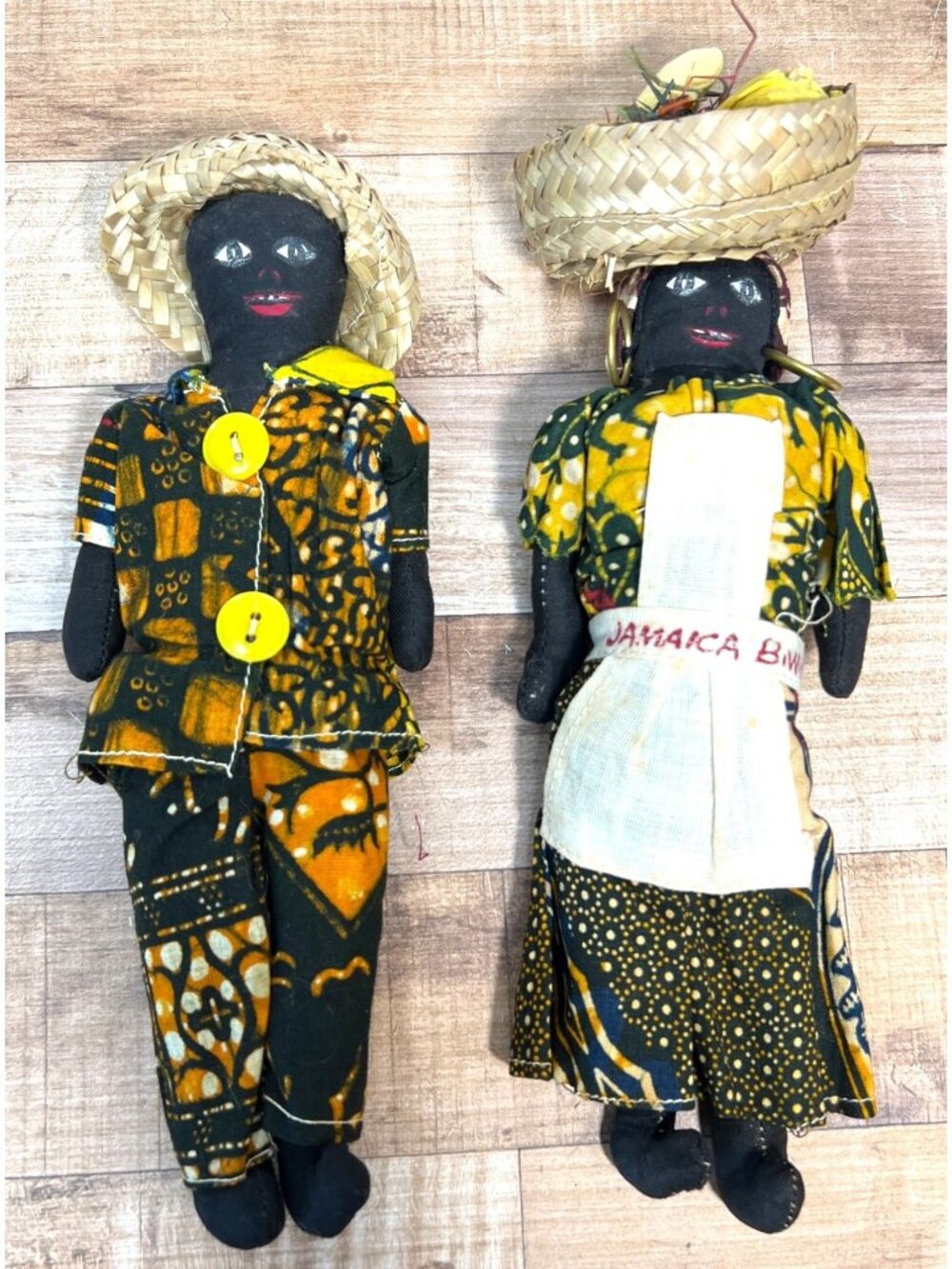 Handmade Jamaican Black Cloth Dolls In Traditional Attire With Hats - Set Of 2